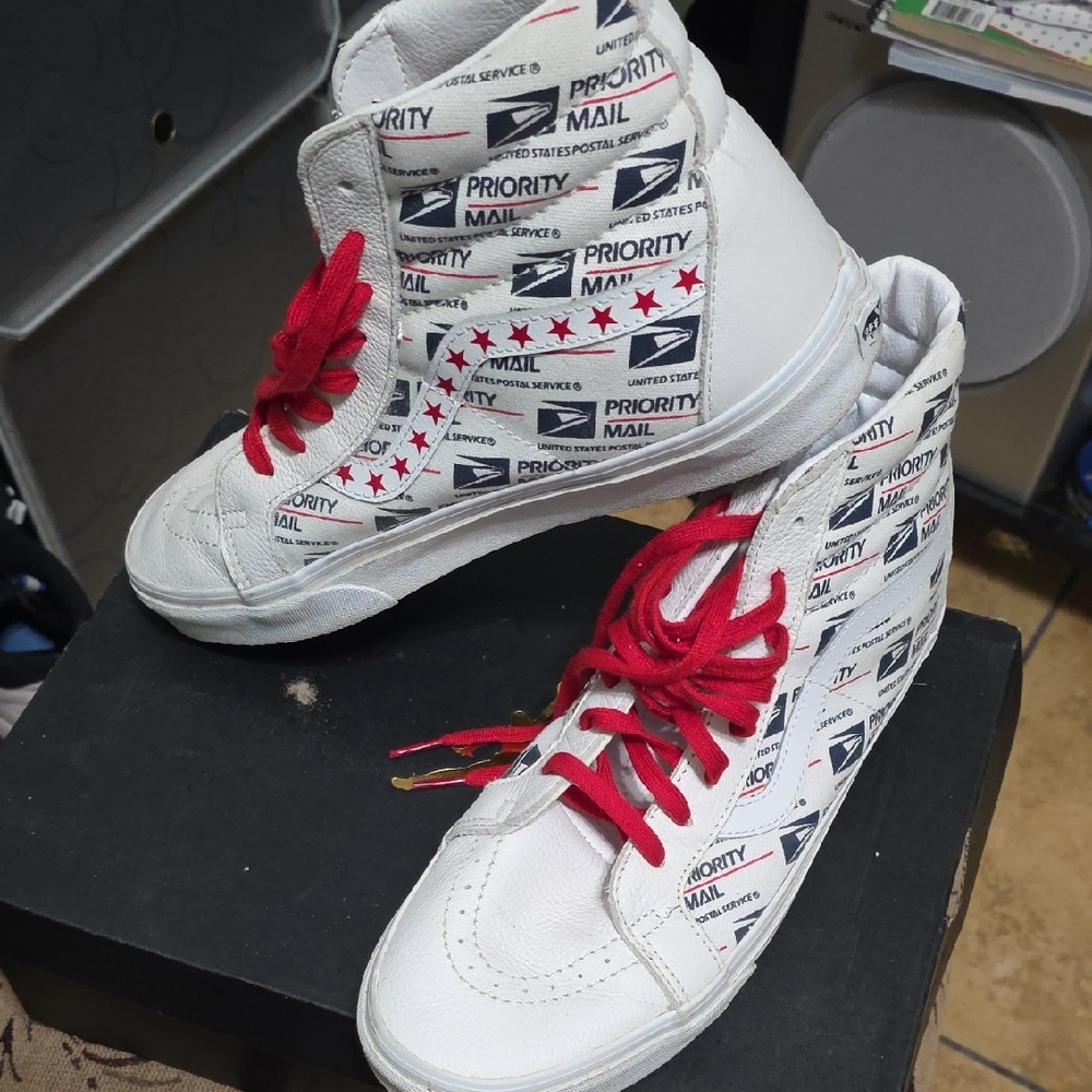 Vans White and Red High-Top Sneakers